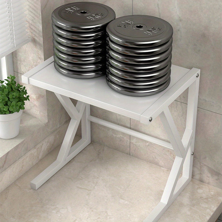 Étagère de cuisine double niveau en acier robuste vue de face, rangement pour micro-ondes, organisation moderne.
