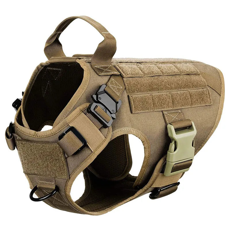 Harnais chien tactique anti-traction noir. Idéal entraînement & aventure canine, nylon robuste, réglable pour confort.