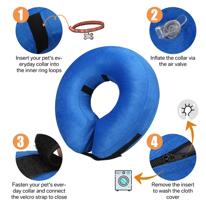 Anneau de récupération gonflable et doux pour animaux, essentiel pour les soins post-opératoires.