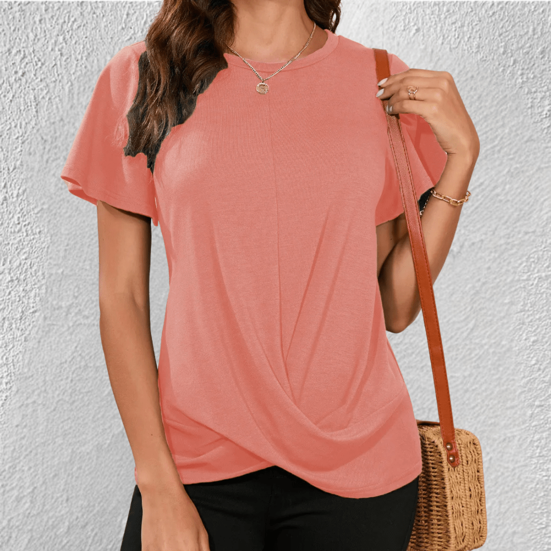 Haut femme chic à col rond, effet ventre plat, élégant et confortable, idéal pour toutes les occasions.