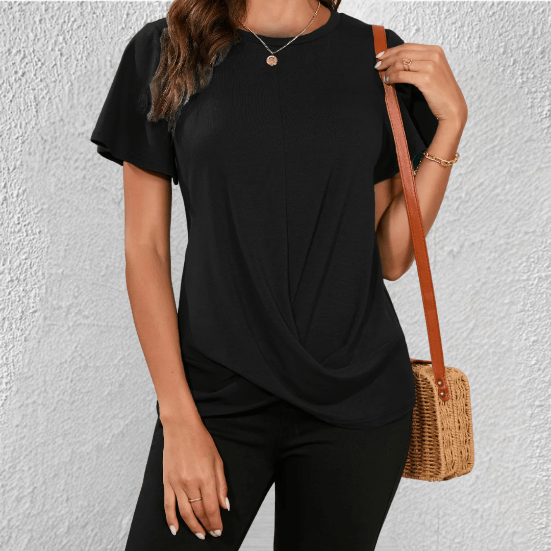 Découvrez ce haut femme confortable à col rond et manches courtes, conçu pour un effet ventre plat et un style chic.