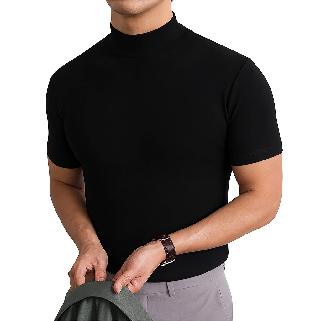T-shirt homme à col montant, respirant, manches courtes, vêtement polyvalent pour une tenue décontractée et mode masculine.