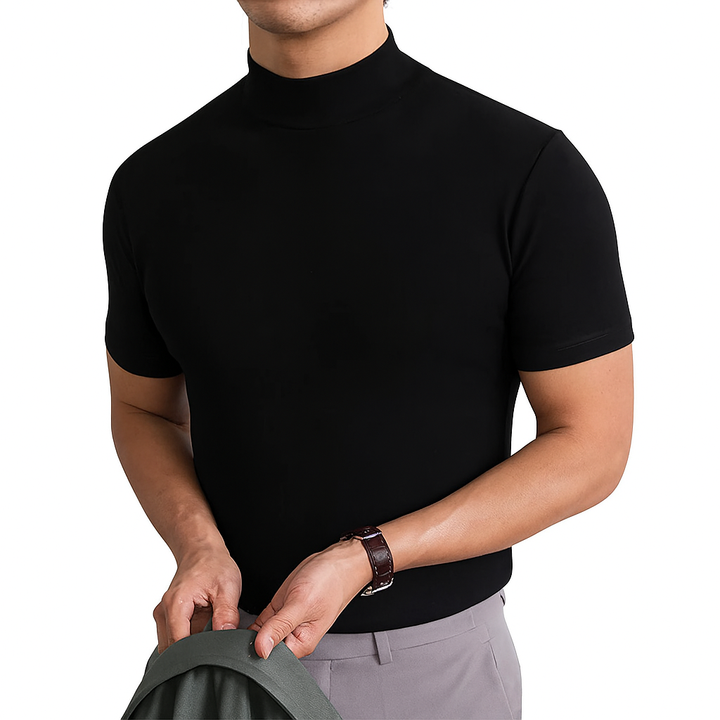 T-shirt homme à col montant, respirant, manches courtes, vêtement polyvalent pour une tenue décontractée et mode masculine.