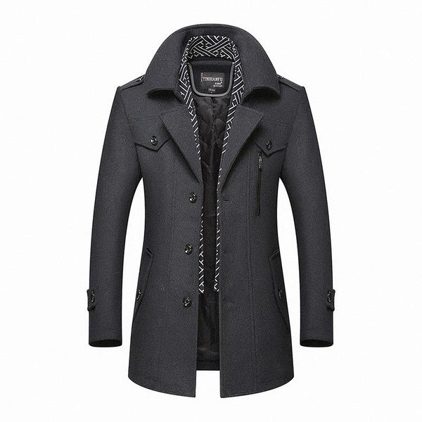 Manteau homme classique noir élégant, coupe ajustée, idéal pour l'hiver et l'automne. Style raffiné.