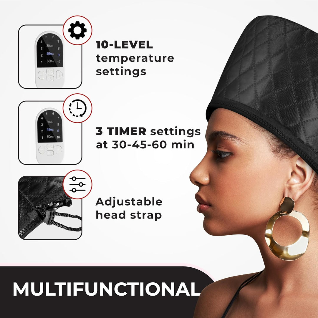 Bonnet chauffant capillaire femme pour beauté des cheveux. Soins profonds, hydratation et traitement thermique.