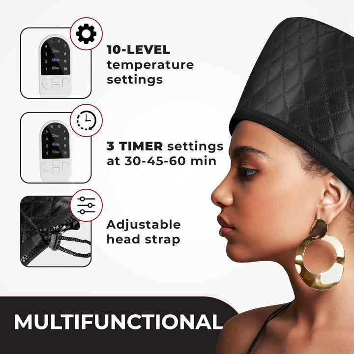 Bonnet chauffant capillaire femme pour beauté des cheveux. Soins profonds, hydratation et traitement thermique.