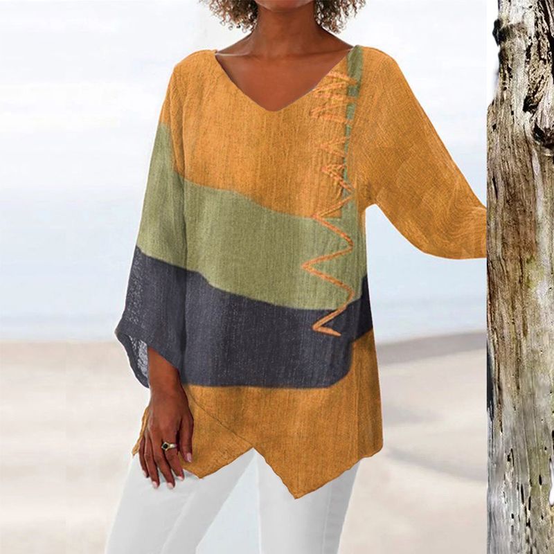 Haut femme bicolore col V, confortable et flatteur, idéal pour look casual ou bureau. Style polyvalent mode.