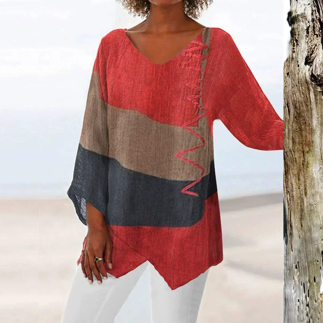 Top femme bicolore chic à col V, design élégant et moderne pour printemps/été. Confortable et tendance.