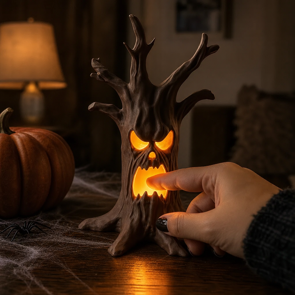 Tronc d'arbre lumineux Halloween avec visage sculpté, parfait pour une ambiance mystérieuse d'automne.