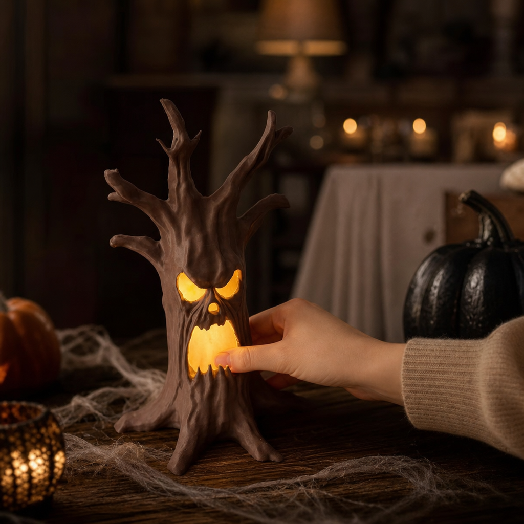 Décoration de table Halloween : ornement en bois sculpté, tronc d'arbre lumineux avec visage effrayant.