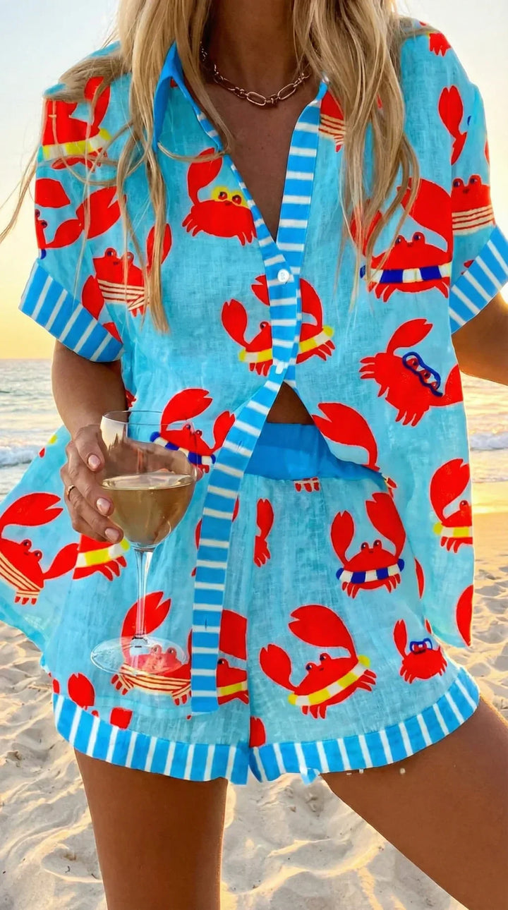 Ensemble estival femme, chemise et short fluide à imprimé bohème multicolore. Idéal plage et détente.
