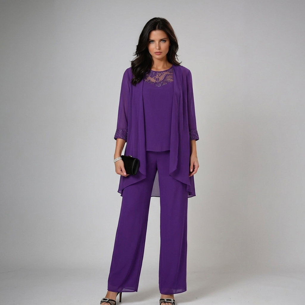Ensemble élégant femme 3 pièces: pantalon large, top raffiné & veste fluide. Idéal événements.