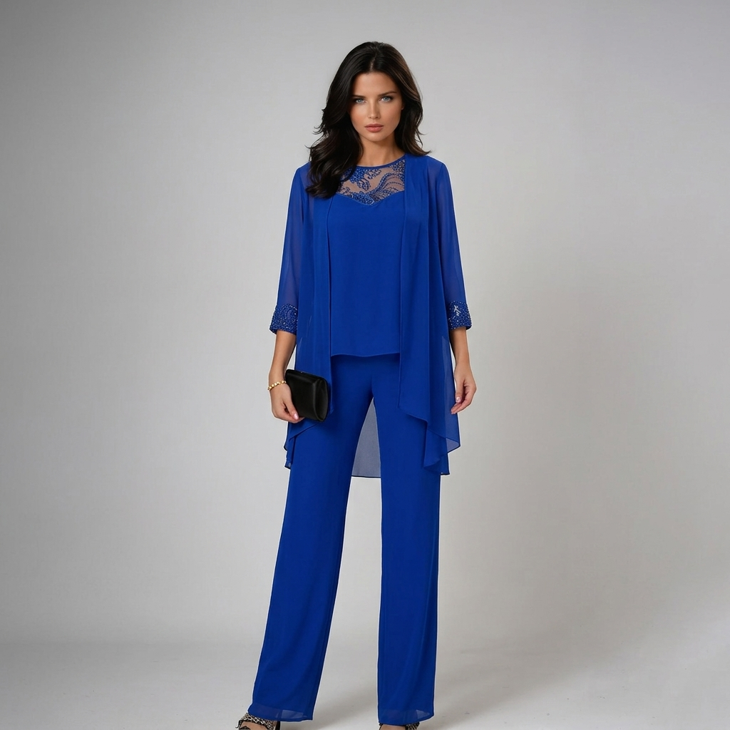 Ensemble femme 3 pièces chic: pantalon fluide, top élégant & veste légère. Idéal mode printemps-été.