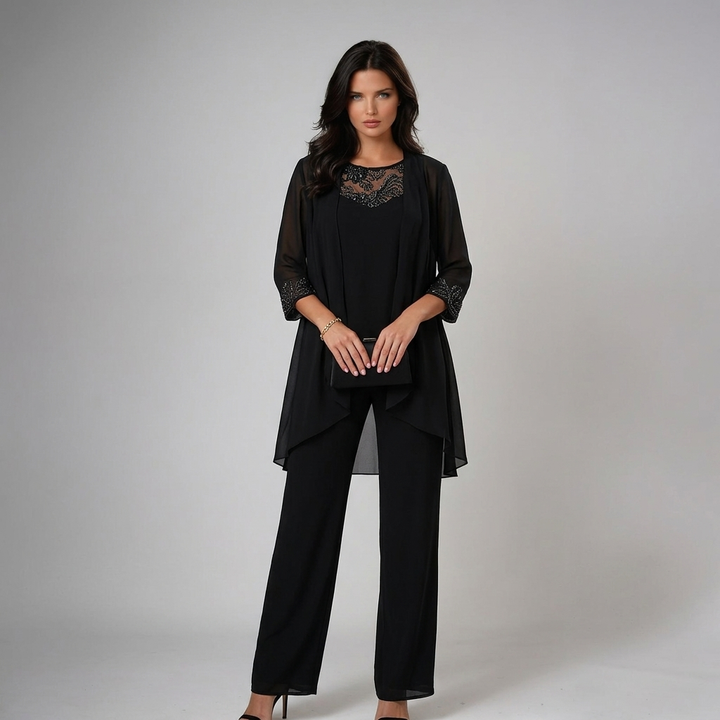 Ensemble femme 3 pièces: pantalon large fluide, top élégant & veste légère. Parfait tenue cérémonie.