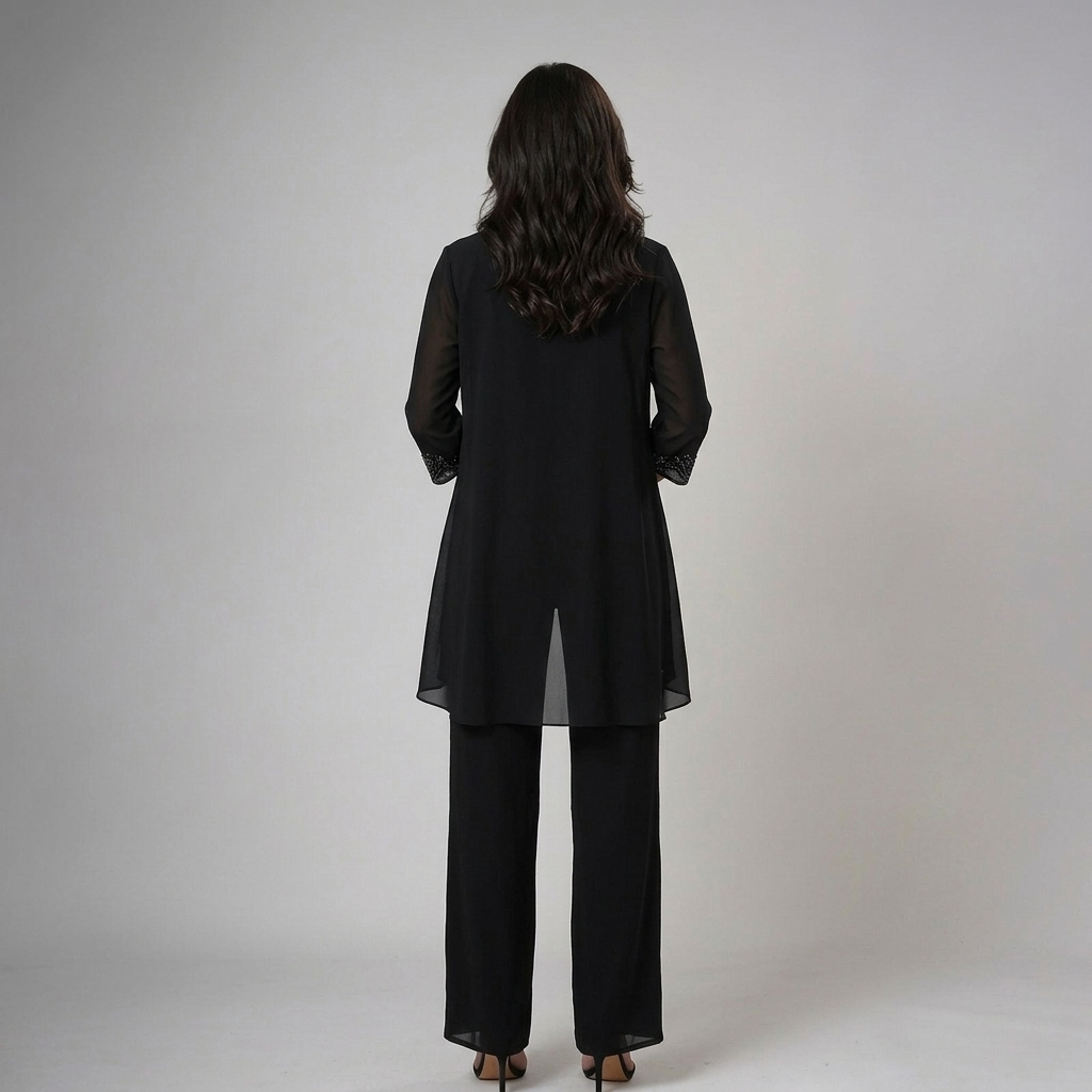 Ensemble moderne femme 3 pièces: pantalon, top chic & veste. Fluide et élégant pour mode été.