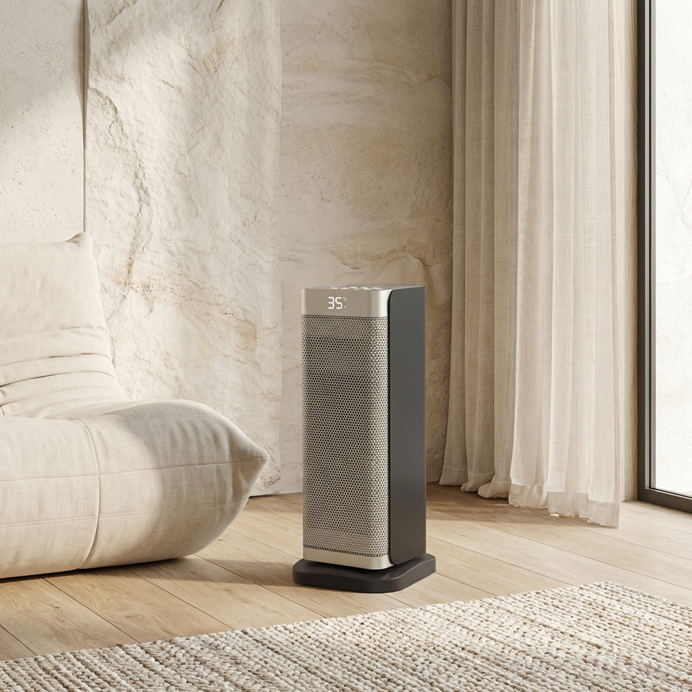 Chauffe-pièce électrique vertical portable 2000W à oscillation, offre chaleur rapide et silencieuse pour confort optimal.