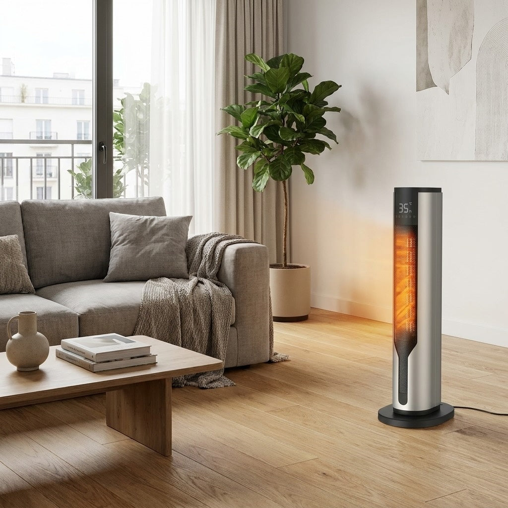 Chauffage électrique vertical PTC 2000W gris/noir, chaleur rapide, design moderne pour intérieur compact.