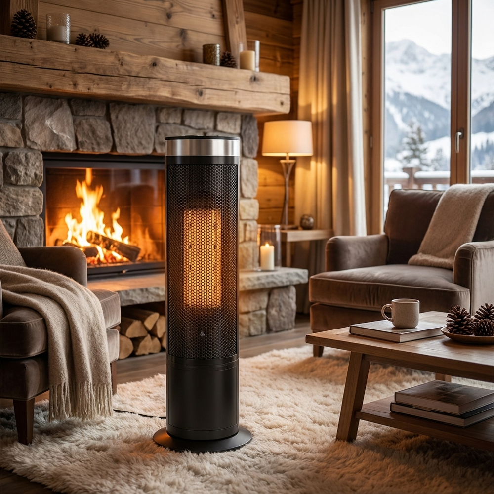 Chauffage céramique vertical compact 1500W avec thermostat, idéal pour économie d'énergie maison/bureau.