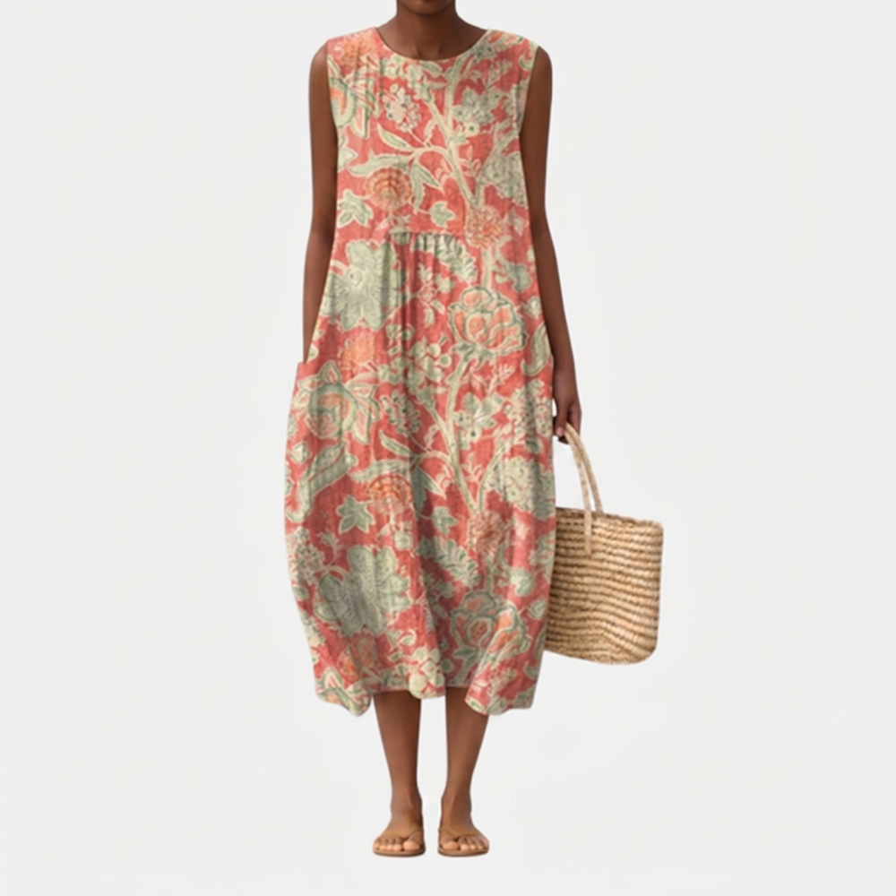 Robe florale fluide col V sans manches, idéale pour femme, style décontracté chic pour le printemps et les vacances.