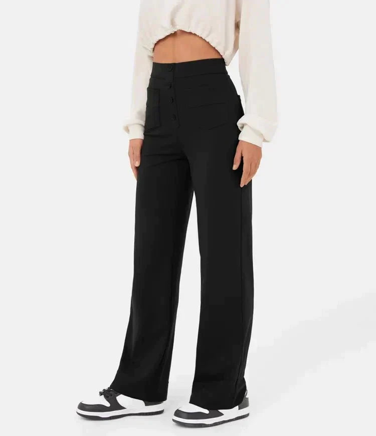 Pantalon femme chic, taille haute, boutonné, coupe droite, parfait pour un style quotidien polyvalent.