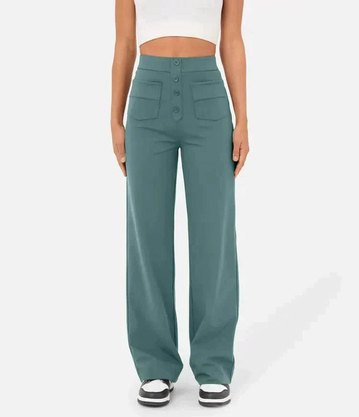 Pantalon femme confortable et élégant, taille haute, extensible avec fermeture boutonnée.