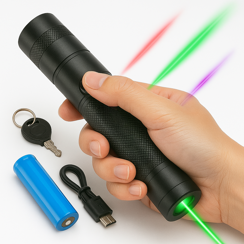 Torche laser haute visibilité pour extérieur, portée exceptionnelle, essentielle pour aventure et pro.
