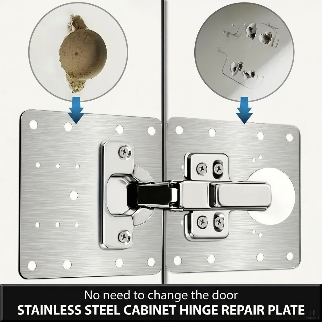 Plaque de réparation charnière HingePlate en acier inoxydable pour meubles, fixation solide.