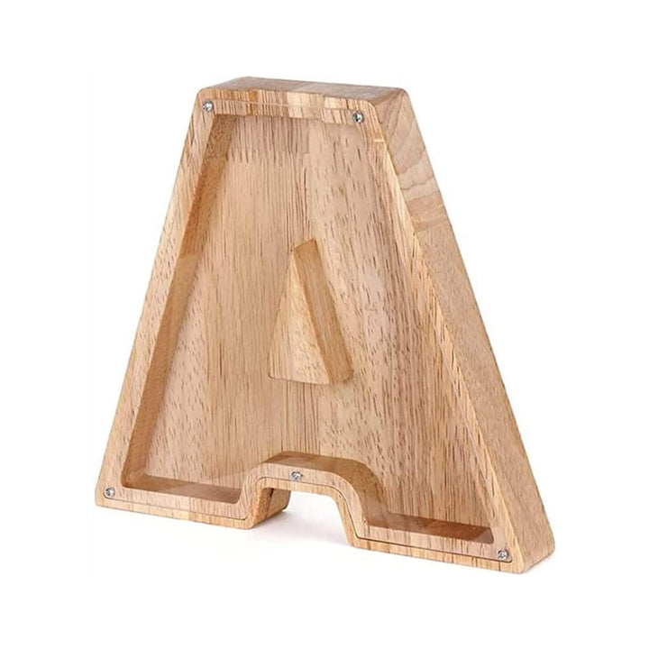 Tirelire alphabet en bois, vue de côté, montrant l'épaisseur et la robustesse du bois.
