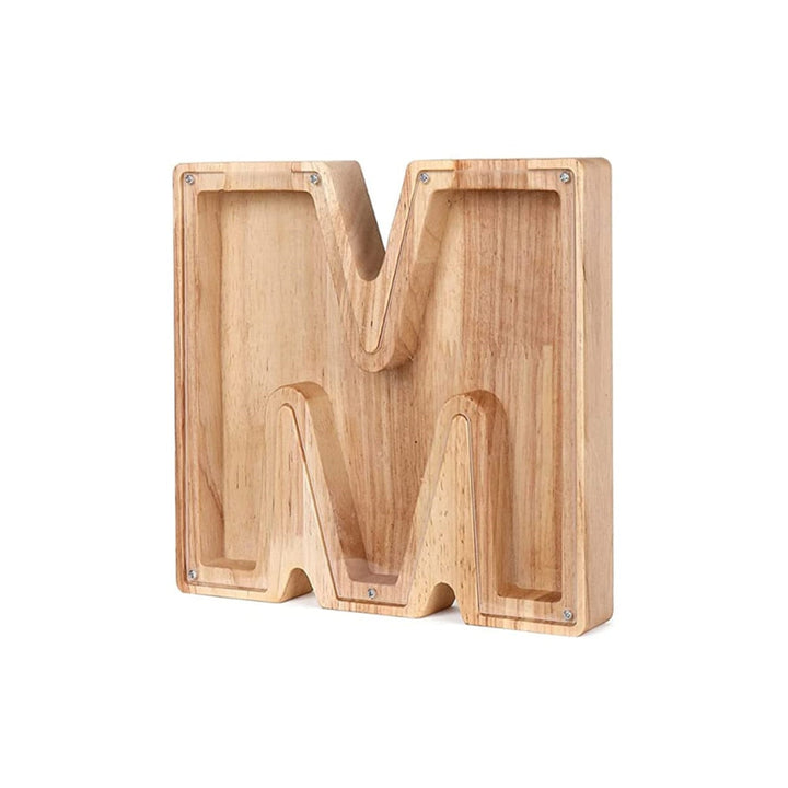 Jouet éducatif : tirelire alphabet en bois, développe la reconnaissance des lettres.