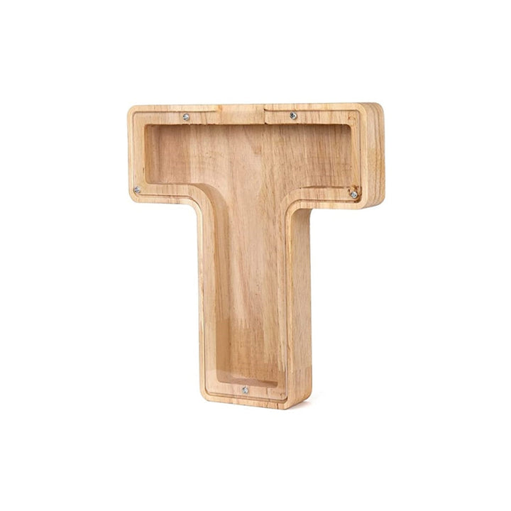 Objet de décoration et d'éducation : tirelire alphabet en bois pour chambre d'enfant.