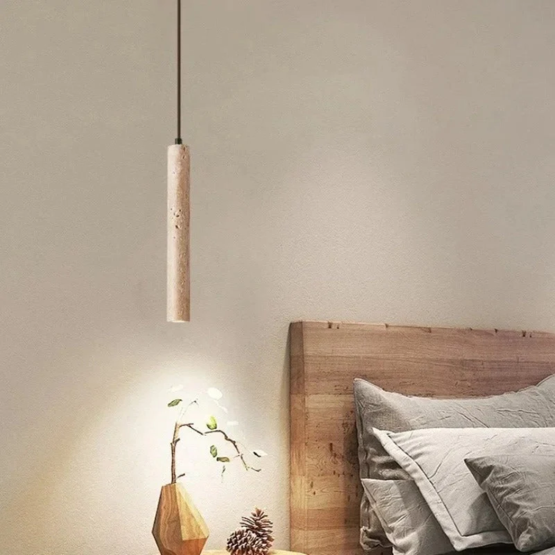 Lustre LED minimaliste en travertin, éclairage Wabi-Sabi pour salon, salle à manger, design moderne. Fait main.