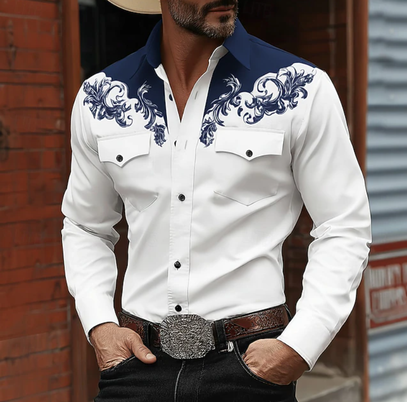 Chemise homme western boutonnée ajustée, broderie baroque raffinée, manches longues. Look cowboy chic, mode décontractée.