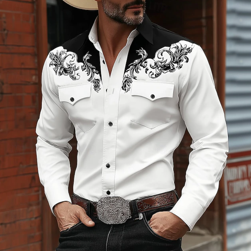 Chemise homme western unique, broderie baroque élégante. Manches longues, idéale pour un style cowboy distinctif ou habillé.