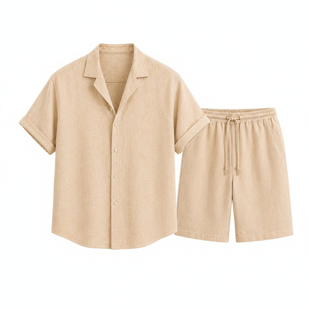 Ensemble homme décontracté, chemise col cubain manches courtes et short, idéal tenue estivale, plage, vacances.
