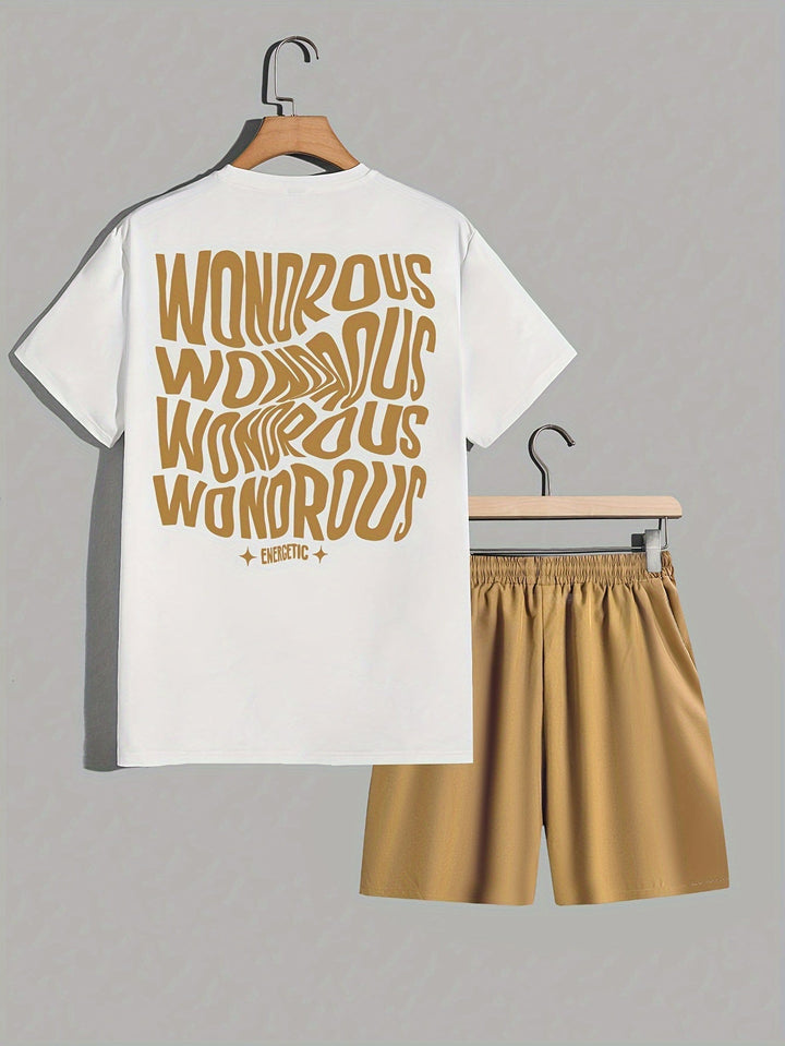 Homme portant un ensemble streetwear tendance : t-shirt graphique psychédélique et short pour un look urbain.