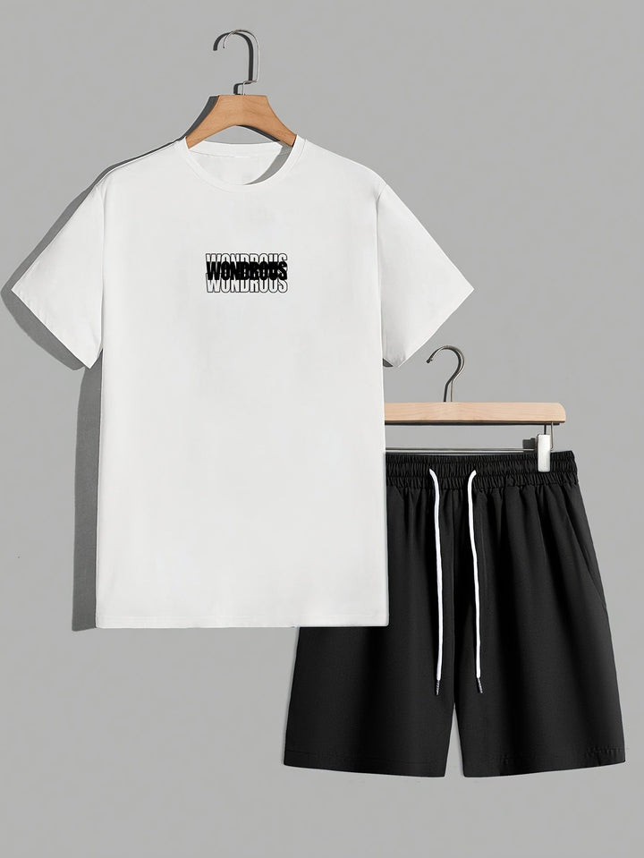 Tenue urbaine homme : ensemble streetwear avec t-shirt graphique psychédélique et short pour l'été.