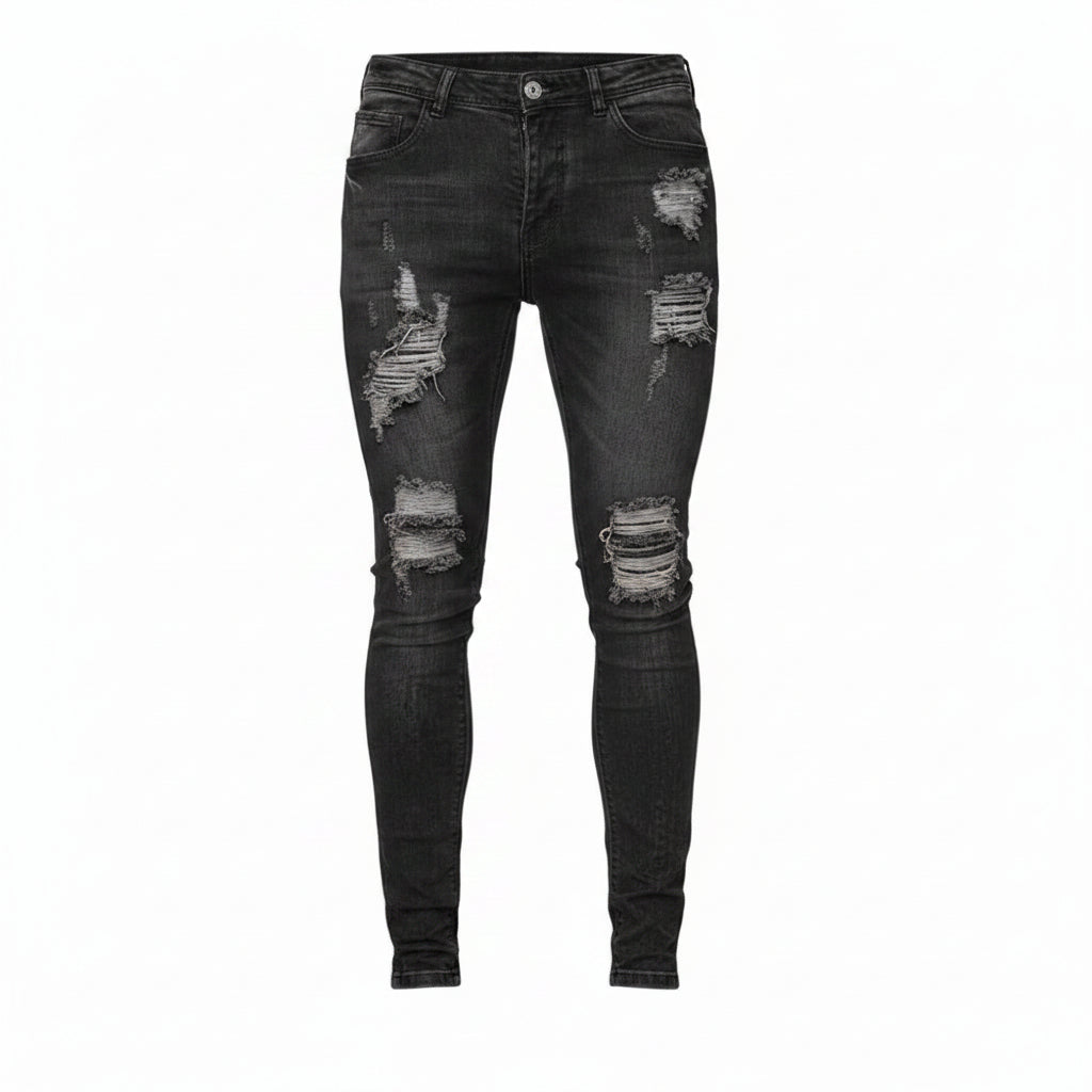 Jean homme slim fit déchiré noir, look urbain tendance. Confort optimal pour un style casual décontracté.