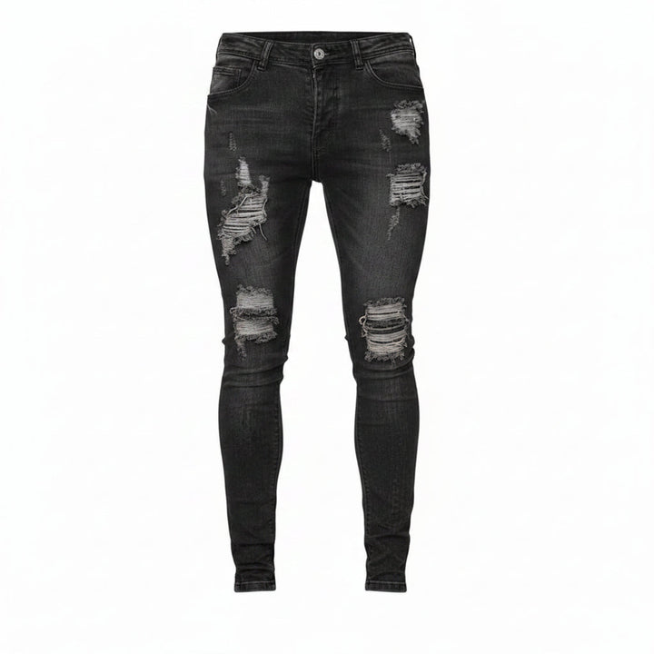 Jean homme slim fit déchiré noir, look urbain tendance. Confort optimal pour un style casual décontracté.