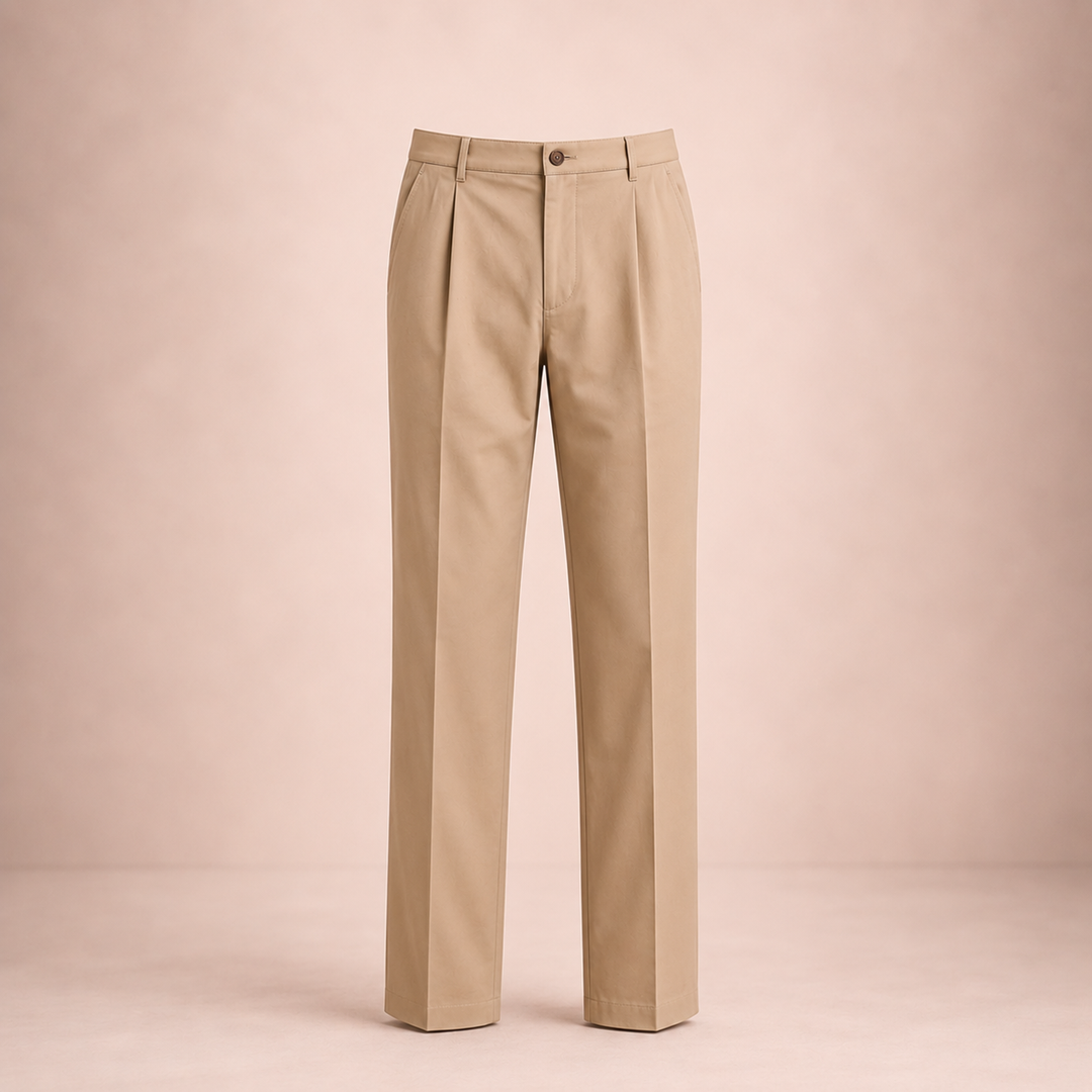 Vue d'un pantalon homme habillé: tissu, coupe droite, taille haute et détail des pinces.