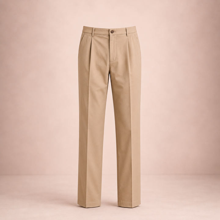 Vue d'un pantalon homme habillé: tissu, coupe droite, taille haute et détail des pinces.