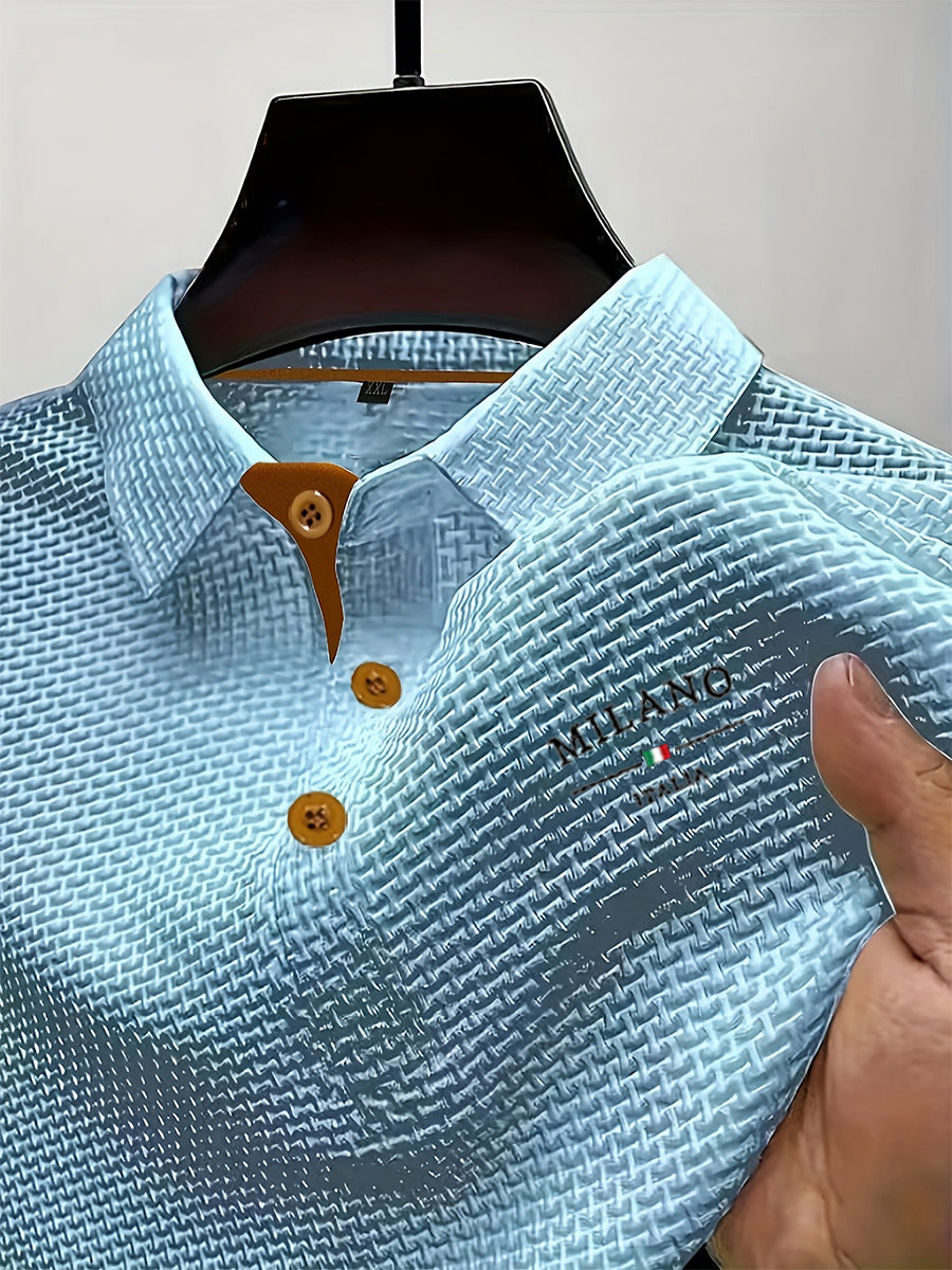 Polo homme jacquard, manches courtes, col classique. Vue d'ensemble d'un style élégant et moderne.