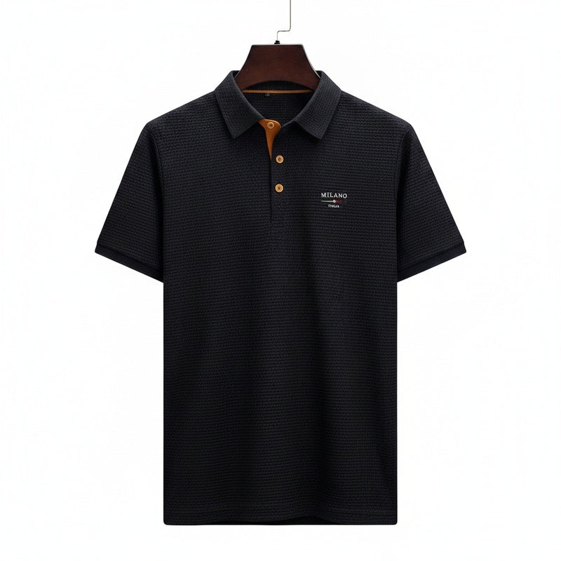 Polo homme manches courtes jacquard, col classique. Style élégant et décontracté, vêtement moderne.