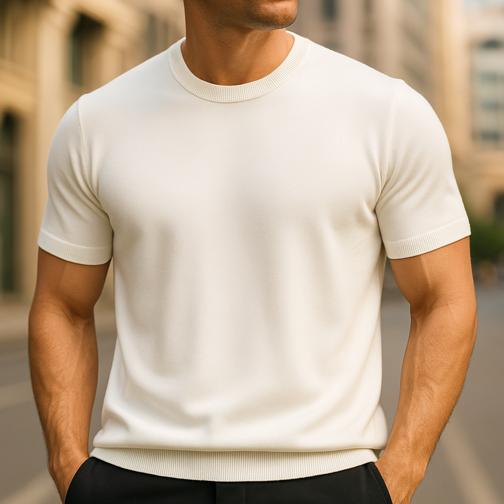 T-shirt blanc homme slim fit, col rond basique, idéal pour look décontracté ou superposé, grand confort.