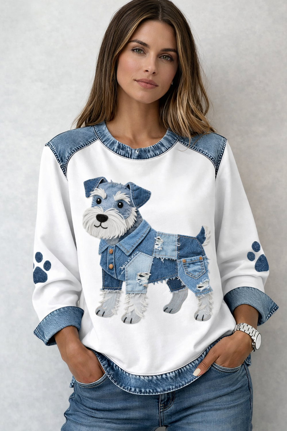Pull femme décontracté en tricot denim avec un charmant motif chien. Vêtement original et élégant pour le quotidien.