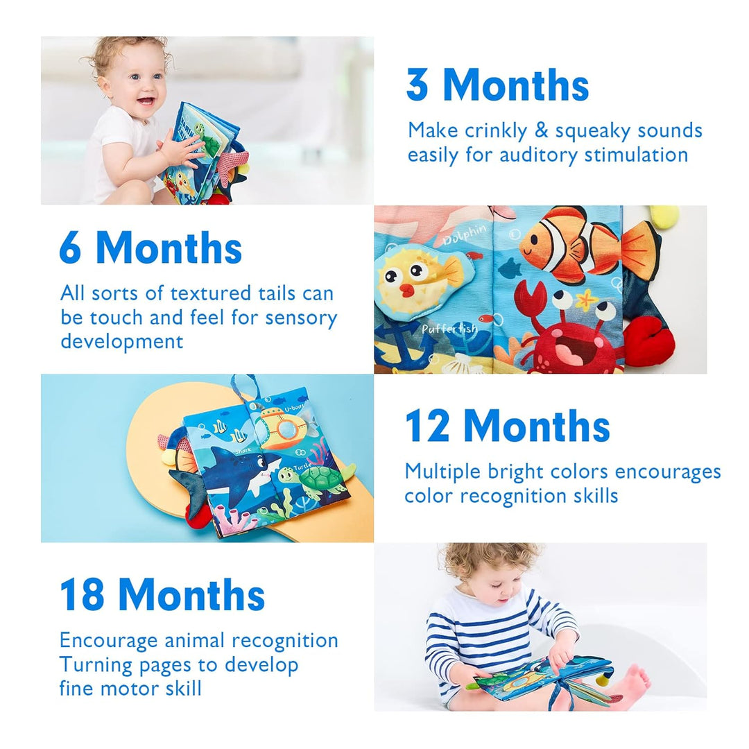 Jouet développement bébé, livre sensoriel en tissu, exploration visuelle et tactile.