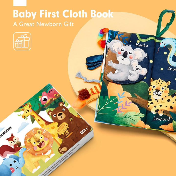 Jouet pour bébé, livre d'activités en tissu avec textures variées et couleurs vives.