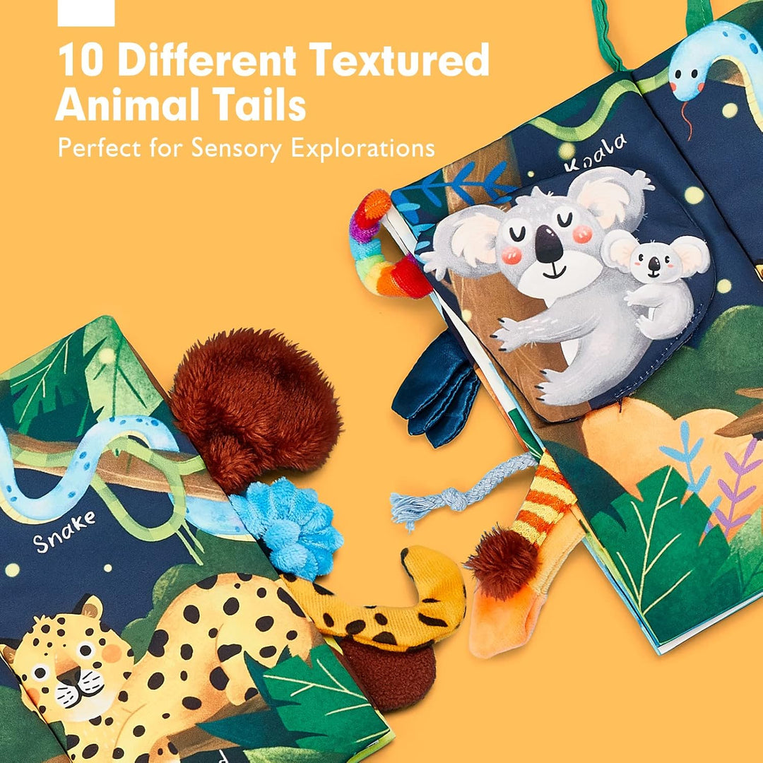 Jouet en tissu doux, livre d'activités pour bébé, exploration des formes et textures.