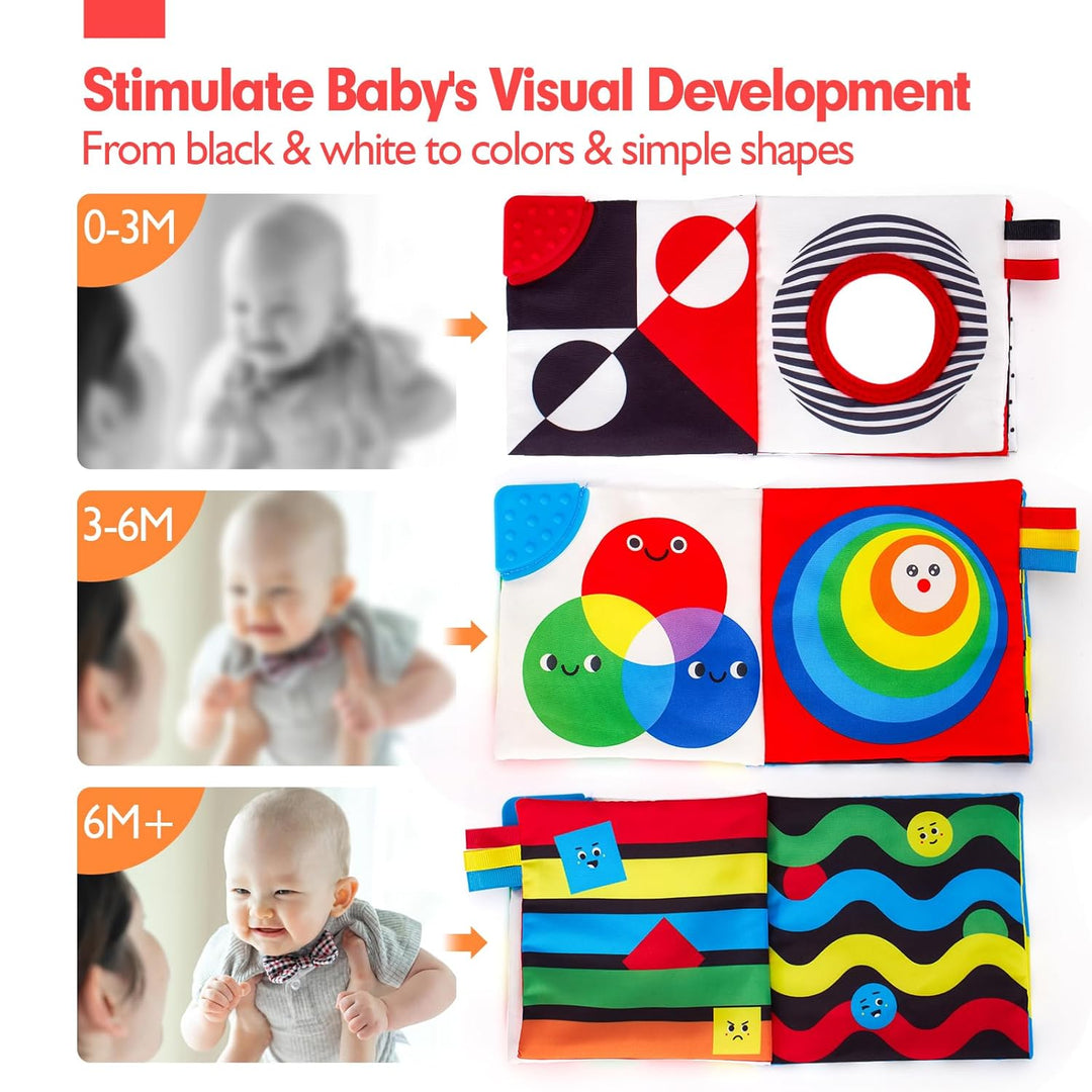 Livre en tissu pour bébé, jouet d'activités d'éveil, motifs géométriques contrastés.