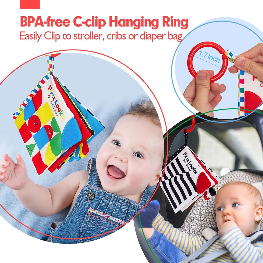 Livre sensoriel bébé, contraste élevé, jouet d'activités en tissu pour stimulation visuelle.