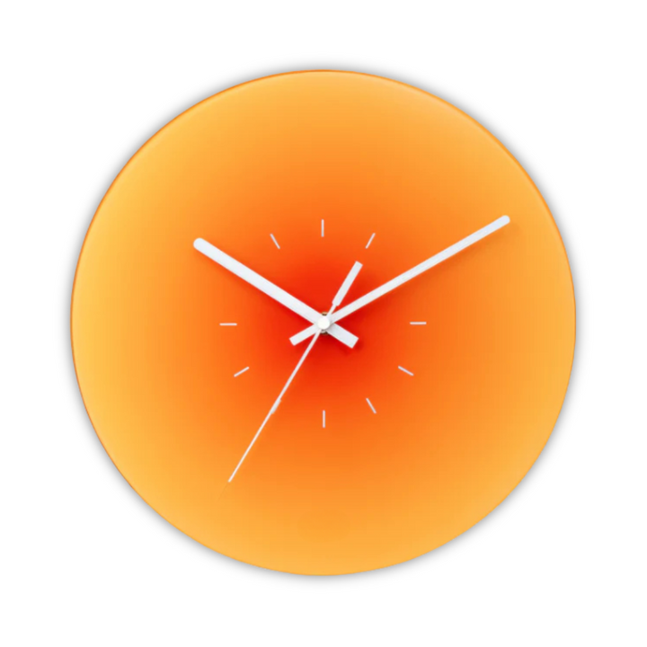 Horloge murale dégradé de couleurs orange, bleu, violet. Design moderne et silencieux pour salon.